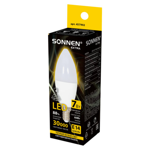 Лампа светодиодная SONNEN EXTRA, 7 (60) Вт, Е14, свеча, теплый белый, 30000 ч, LED C37-7W-2700-Е14, 457902