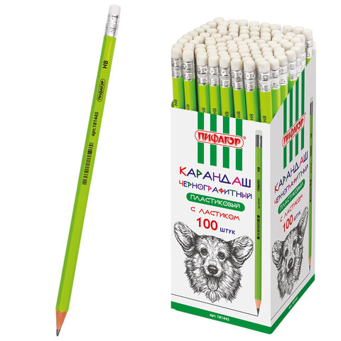 Карандаш чернографитный ПИФАГОР, 1 шт., НВ, пластиковый, корпус салатовый, с ластиком, 181445