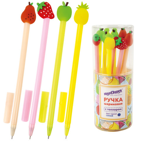 Ручка с топпером шариковая ЮНЛАНДИЯ "Фрукт", корпус ассорти, СИНЯЯ, пишущий узел 0,7 мм, 143810