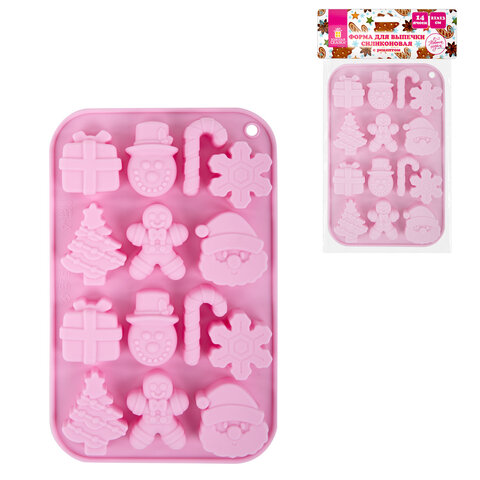 Форма для выпечки новогодняя 21х13 см "Xmas Sweets", силикон, 14 ячеек, рецепт, ЗОЛОТАЯ СКАЗКА, 592471