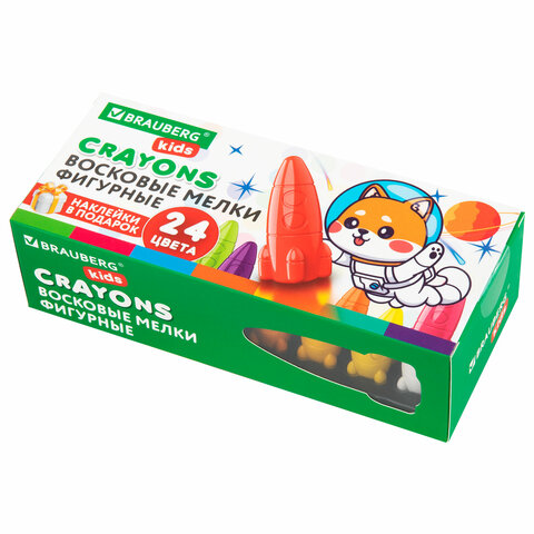 Восковые мелки фигурные BRAUBERG KIDS "РАКЕТА", НАБОР 24 цвета + НАКЛЕЙКИ В ПОДАРОК, 273083