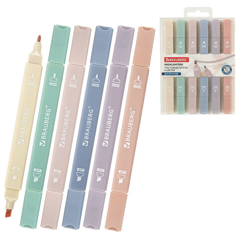 Набор текстовыделителей двусторонних 6 ЦВЕТОВ МОРАНДИ, BRAUBERG "Morandi", линия 1-5 мм, 152514