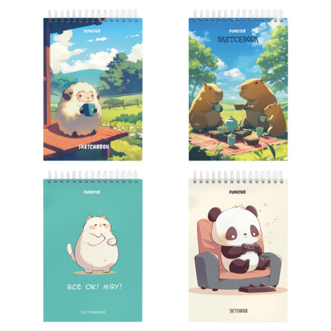 Скетчбук, белая бумага 100 г/м2, 140х201 мм, 60 л., гребень, жёсткая подложка, FUNSTER (ФАНСТЕР), АССОРТИ Funny pets, 116903