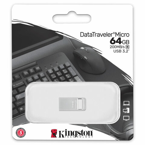 Флеш-диск 64 GB, KINGSTON DataTraveler Micro USB 3.2, металлический корпус, серебристый, DTMC3G2/64GB