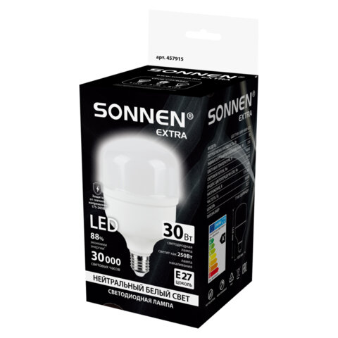 Лампа светодиодная SONNEN EXTRA, 30 (250) Вт, Е27, цилиндр, нейтральный белый, 30000 ч, LED Т100-30W-4000-Е27, 457915