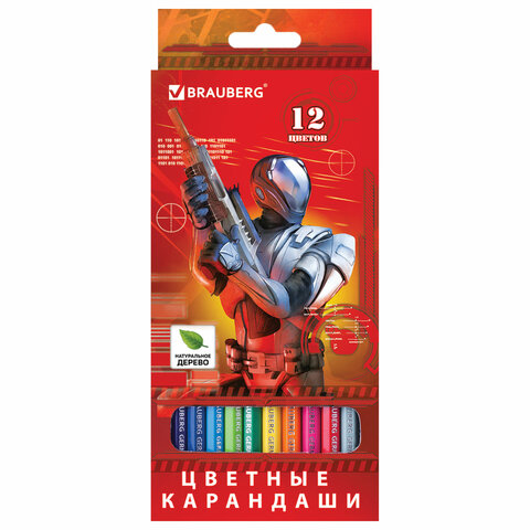 Карандаши цветные BRAUBERG "Star Patrol", 12 цветов, шестигранные, грифель 3 мм, натуральное дерево, 180532