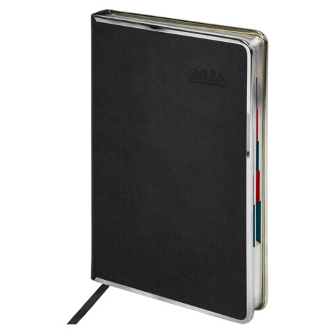 Ежедневник датированный 2026 А5 148х218 мм, GALANT "Infinity Silver", под кожу, черный, 117495