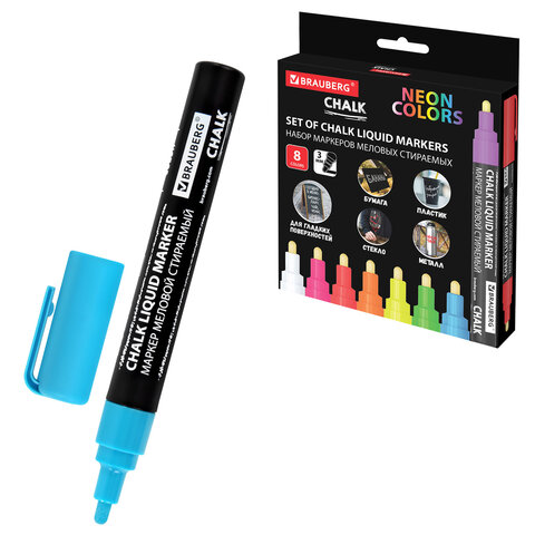 Маркеры меловые CHALK LIQUID MARKER, НЕОН, НАБОР 8 ЦВЕТОВ, 3 мм, стираемые, BRAUBERG "CHALK", 152597