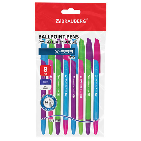 Ручки шариковые BRAUBERG "X-333 MIX", НАБОР 8 ШТУК, СИНИЕ, узел 0,7 мм, линия 0,35 мм, 144536