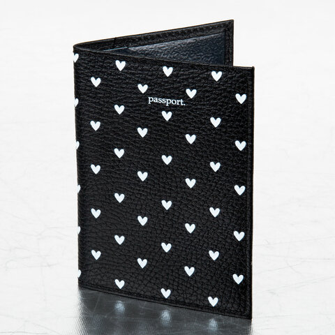 Обложка для паспорта натуральная кожа флоттер, принт "Сердечки", цвет черный, BRAUBERG, 238867