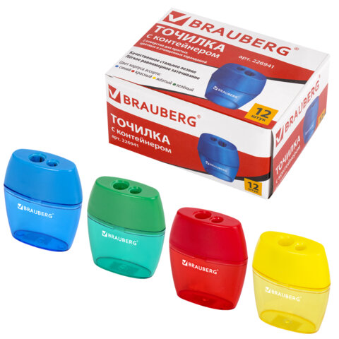 Точилка BRAUBERG "Diamond Dual", 2 отверстия для чернографитных карандашей (в том числе утолщенных), с контейнером, ассорти, 226941