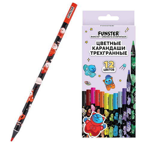 Карандаши цветные FUNSTER (ФАНСТЕР) AMONG CATS, 12 цветов, черный корпус с принтом, трехгранные, 182066