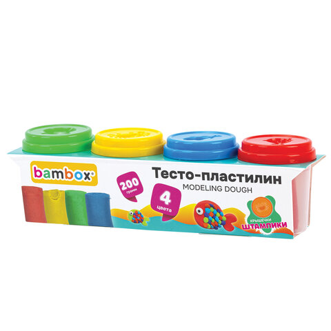 Тесто-пластилин для лепки СУПЕР ПЛАСТИЧНОЕ, 4 цвета, 200 г, крышки-штампики, BAMBOX (БАМБОКС), 107247