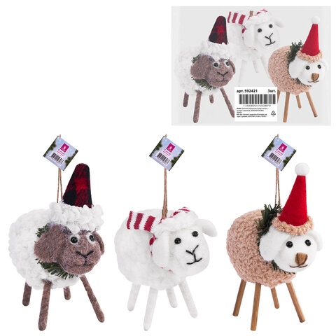 Украшение ёлочное (1 шт.) "Овечка", 10х6х13 см, фланель, фетр, ассорти 3 дизайна, ЗОЛОТАЯ СКАЗКА, 592421