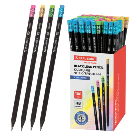 Карандаш чернографитный BRAUBERG, 1 шт., "Black Wood", НВ, с ластиком ассорти, черное дерево, заточенный, 180629