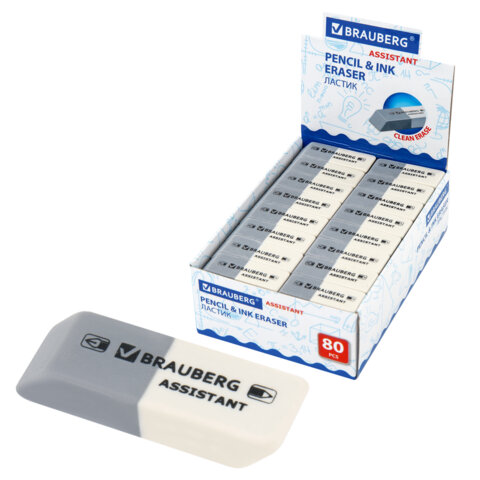 Ластик BRAUBERG "Assistant", 41х14х8 мм, серо-белый, прямоугольный, скошенные края, 222461