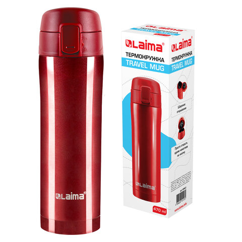 Термокружка 470 мл из нержавеющей стали SUS304, взрывной тёмно-красный металлик, LAIMA, 608822