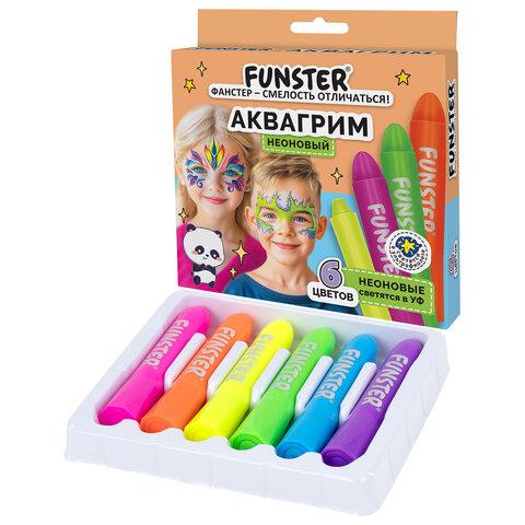 Аквагрим для лица и тела, 6 НЕОНОВЫХ цветов, FUNSTER (ФАНСТЕР), легко смываются, 192573