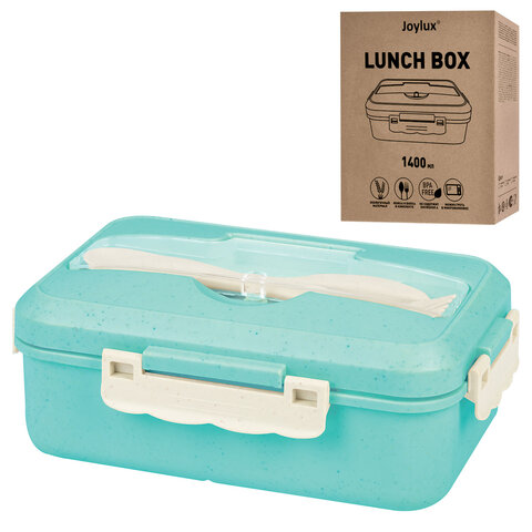Ланч-бокс контейнер, 1 секция, 3 отделения, 1,4 л, ложка, вилка, 8х21х14 см, мятный, JOYLUX (ДЖОЙЛЮКС) ECO, 609344