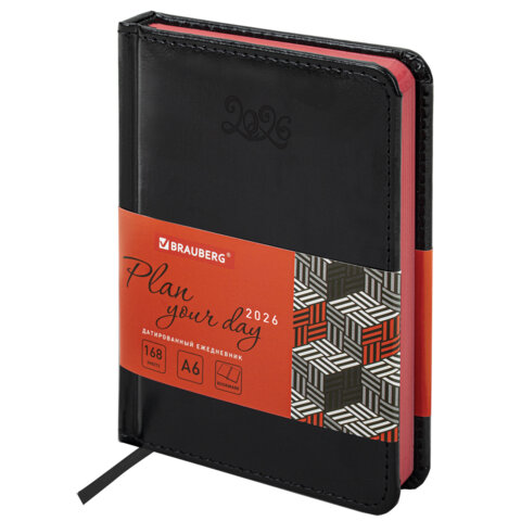 Ежедневник датированный 2026, МАЛЫЙ ФОРМАТ 100х150 мм, А6, BRAUBERG "Rainbow", под кожу, черный, 117257