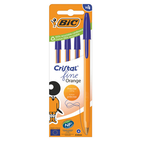 Ручки шариковые BIC "Orange Original", НАБОР 4 шт., СИНИЕ, узел 0,8 мм, линия письма 0,3 мм, пакет, 8308521