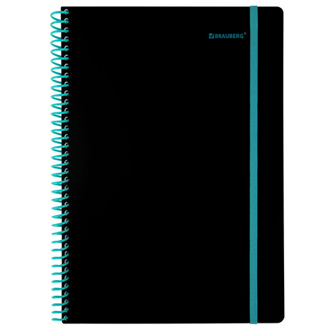 Тетрадь обложка пластик, А4 80 л., спираль пластик, резинка, клетка, BRAUBERG, черный/синий, 405381