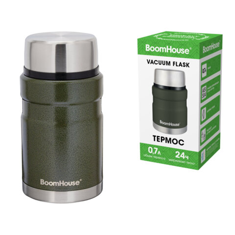 Термос 0,7 л для еды/напитков с широким горлом, BOOMHOUSE (БУМХАУС) RIBBED, нержавеющая сталь SUS304, оливковый, 700321