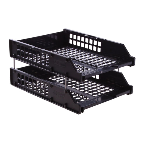 Лотки горизонтальные для бумаг, НАБОР 2 шт. (340х260х158 мм), на металлических стержнях, черные, "Strong", ЛТГ-63793