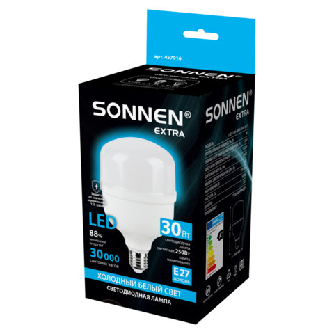 Лампа светодиодная SONNEN EXTRA, 30 (250) Вт, Е27, цилиндр, холодный белый, 30000 ч, LED Т100-30W-6500-Е27, 457916