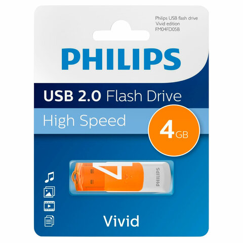 Флеш-диск 4 GB PHILIPS VIVID, разъем USB 2.0, оранжевый, FM04FD05B/97