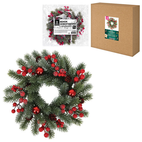 Венок новогодний заснеженный, диаметр 30 см "Зимняя сказка", с декором, литой ПЭТ, ЗОЛОТАЯ СКАЗКА, 592518