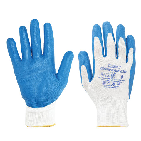 Перчатки полиэфирные ОИЛРЕЗИСТ ЛАЙТ маслобензостойкие 1 пара, 13 класс, 30-31 г, размер 8, покрытие - облив НИТРИЛОВОЕ, тактильные, СВС, nl13nt ЛАЙТ
