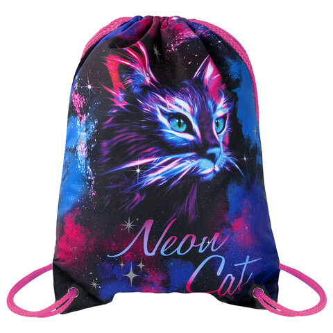 Мешок для обуви BRAUBERG PREMIUM, карман, подкладка, светоотражайка, 43х33 см, "Neon cat", 271621
