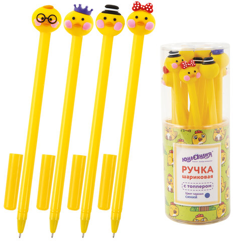 Ручка с топпером шариковая ЮНЛАНДИЯ "Цыпленок", корпус ассорти, СИНЯЯ, пишущий узел 0,7 мм, 143808