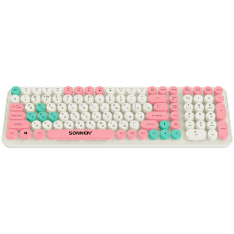 Клавиатура беспроводная бесшумная USB, 105 клавиш, SONNEN K303PM, слоновая кость / розовый / мятный, 513977