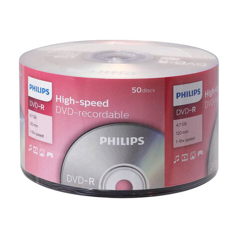 Диск DVD-R PHILIPS, 4,7 Гб, 16x, Bulk (термоусадка без шпиля), КОМПЛЕКТ 50 шт., DM4S6U50F/97