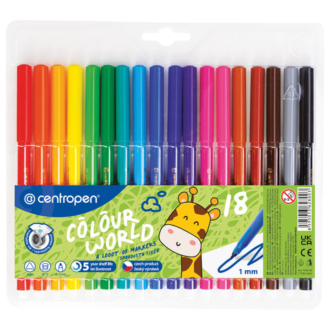 Фломастеры 18 ЦВЕТОВ CENTROPEN "Colour World", круглые, смываемые, вентилируемый колпачок, 7550/18TP, 775501884