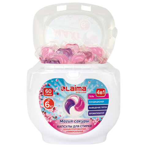 Капсулы для стирки большие концентрат 4 в 1, с кондиционером, "Магия сакуры", 60 шт., LAIMA, 608877