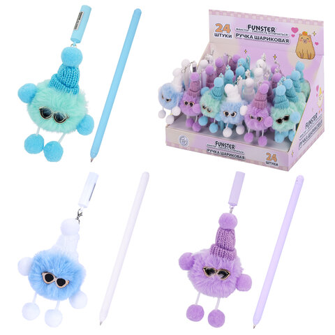 Ручка с пушистой подвеской шариковая FUNSTER (ФАНСТЕР) "FLUFFY HAT", СИНЯЯ, пишущий узел 0,7 мм, 144524