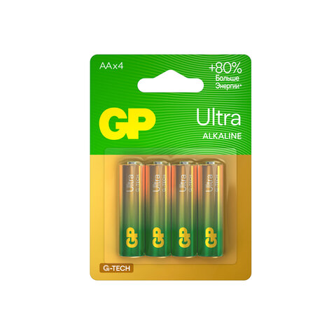 Батарейки КОМПЛЕКТ 4 шт., GP Ultra G-Tech, AA (LR6, 15А), алкалиновые, пальчиковые, 15AUA21-2CRSBC4