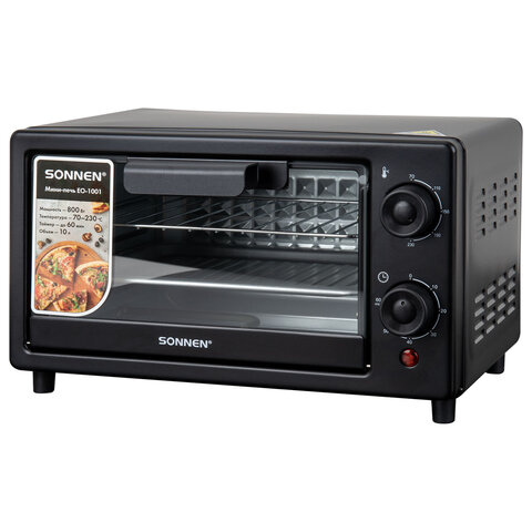 Мини-печь электрическая SONNEN EO-1001, 800 Вт, 10 л, таймер, нагрев до 230 °C, черная, 458308