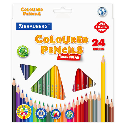 Карандаши цветные BRAUBERG PREMIUM, 24 цвета, трехгранные, грифель 3 мм, 181663