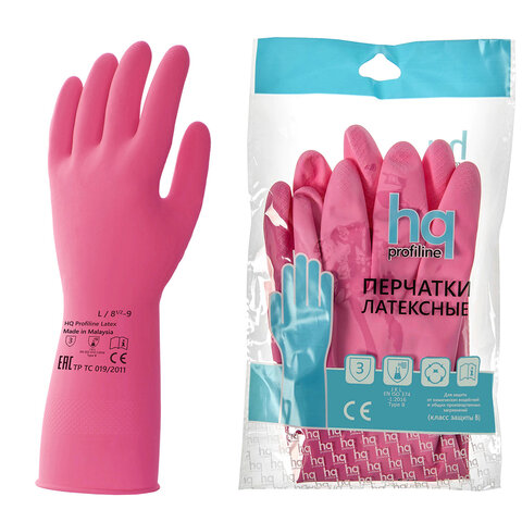 Перчатки латексные КЩС, сверхпрочные, плотные, хлопковое напыление, размер 8,5-9, L (большой), красные, HQ Profiline, 73585