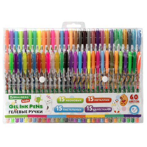 Ручки гелевые BRAUBERG KIDS "CUTE ANIMALS", НАБОР 60 ЦВЕТОВ, корпус с печатью, узел 1 мм, линия письма 0,7 мм, 144450