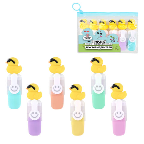 Набор текстовыделителей с топперами 6 ЦВЕТОВ ПАСТЕЛЬ, "КРУТЫЕ УТЯТА", линия 1-4 мм, FUNSTER (ФАНСТЕР), 152652
