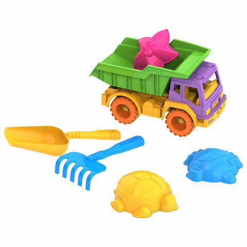 Набор для игр в песке: самосвал "Кама", совочек, грабельки, 3 формочки "Морские", НОРДПЛАСТ, 431779