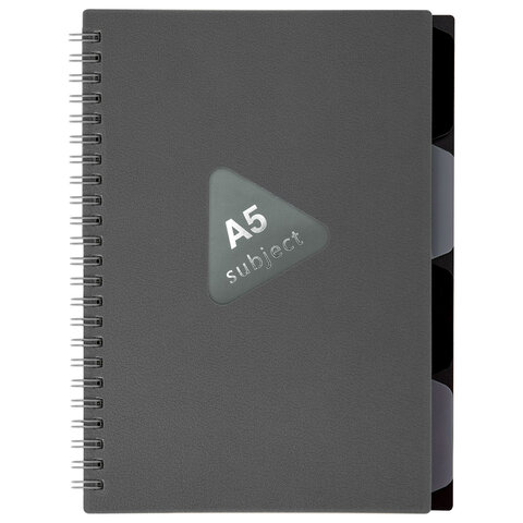 Тетрадь обложка пластик, А5 80 л., гребень, 4 разделителя, клетка, BRAUBERG, серый, 405369