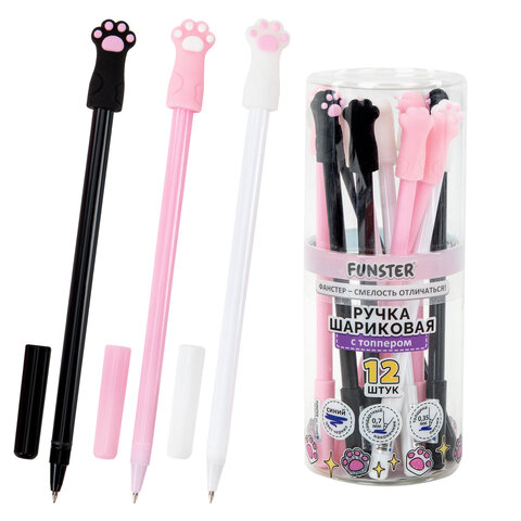 Ручка с топпером шариковая масляная FUNSTER (ФАНСТЕР) "CAT PAWS", СИНЯЯ, корпус ассорти, пишущий узел 0,7 мм, линия письма 0,35 мм, 144369