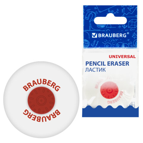 Ластик BRAUBERG "Universal", 30х30х8 мм, белый, круглый, красный пластиковый держатель, 222472