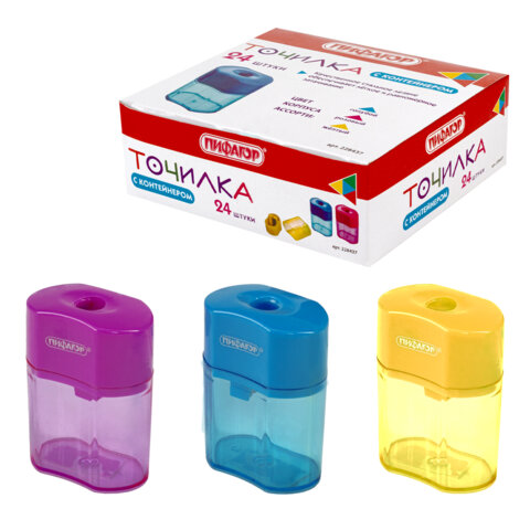 Точилка ПИФАГОР "Ergo", с контейнером, пластиковая, корпус ассорти, 228437